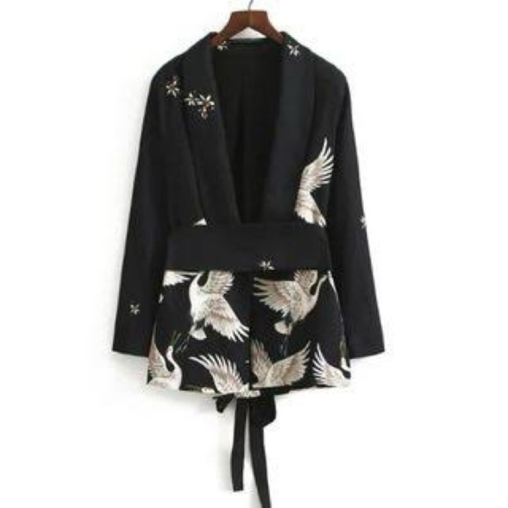 zara crane bird print blazer with sash belt Sz XS